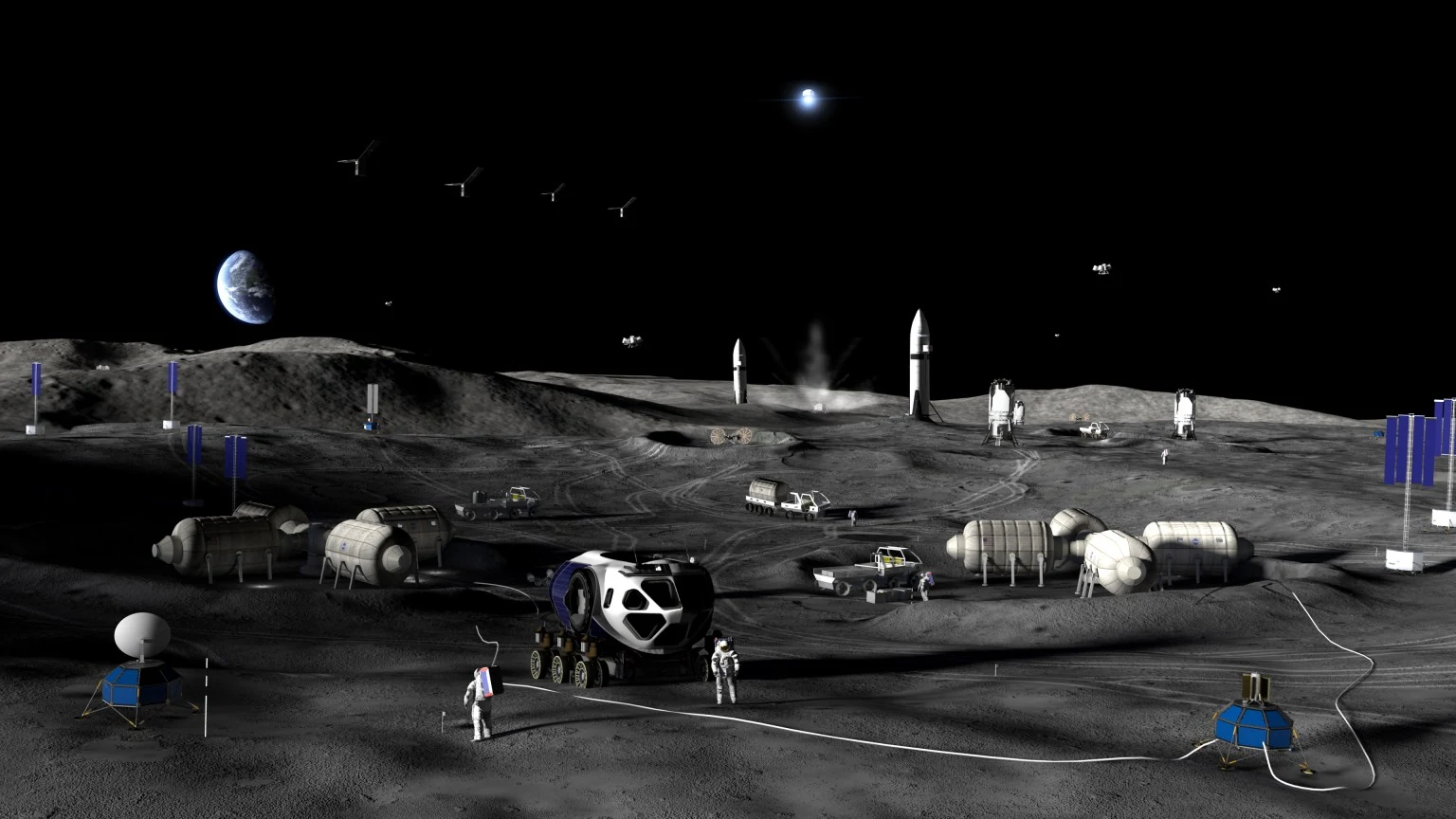 NASA concept illustration of a future lunar base with habitats, rovers, landers and power infrastructure