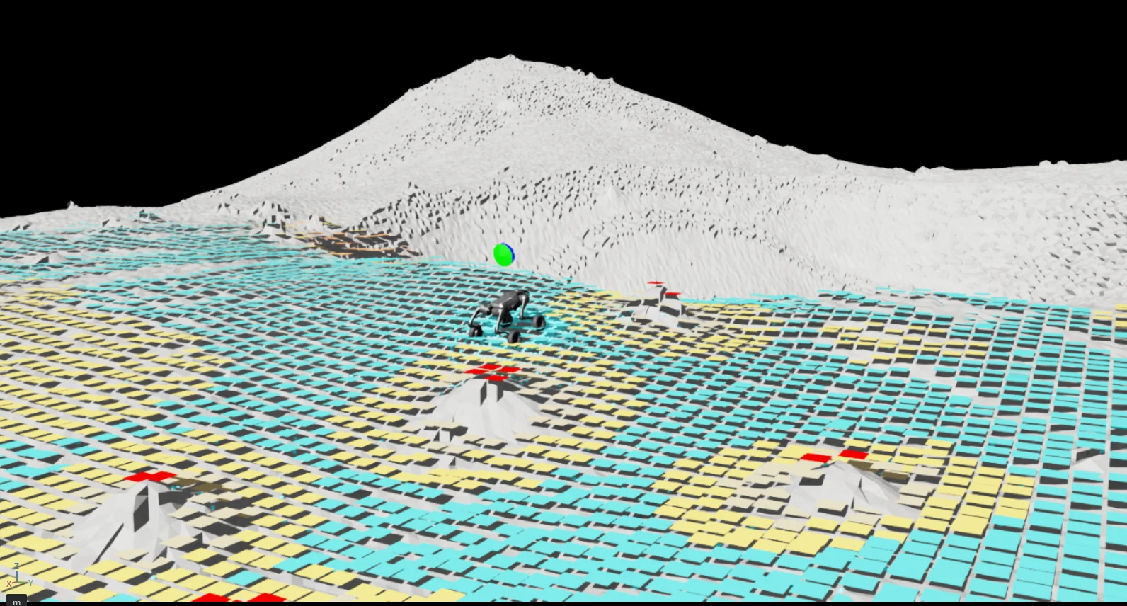 REXMI navigating simulated crater terrain with a colored terrain grid