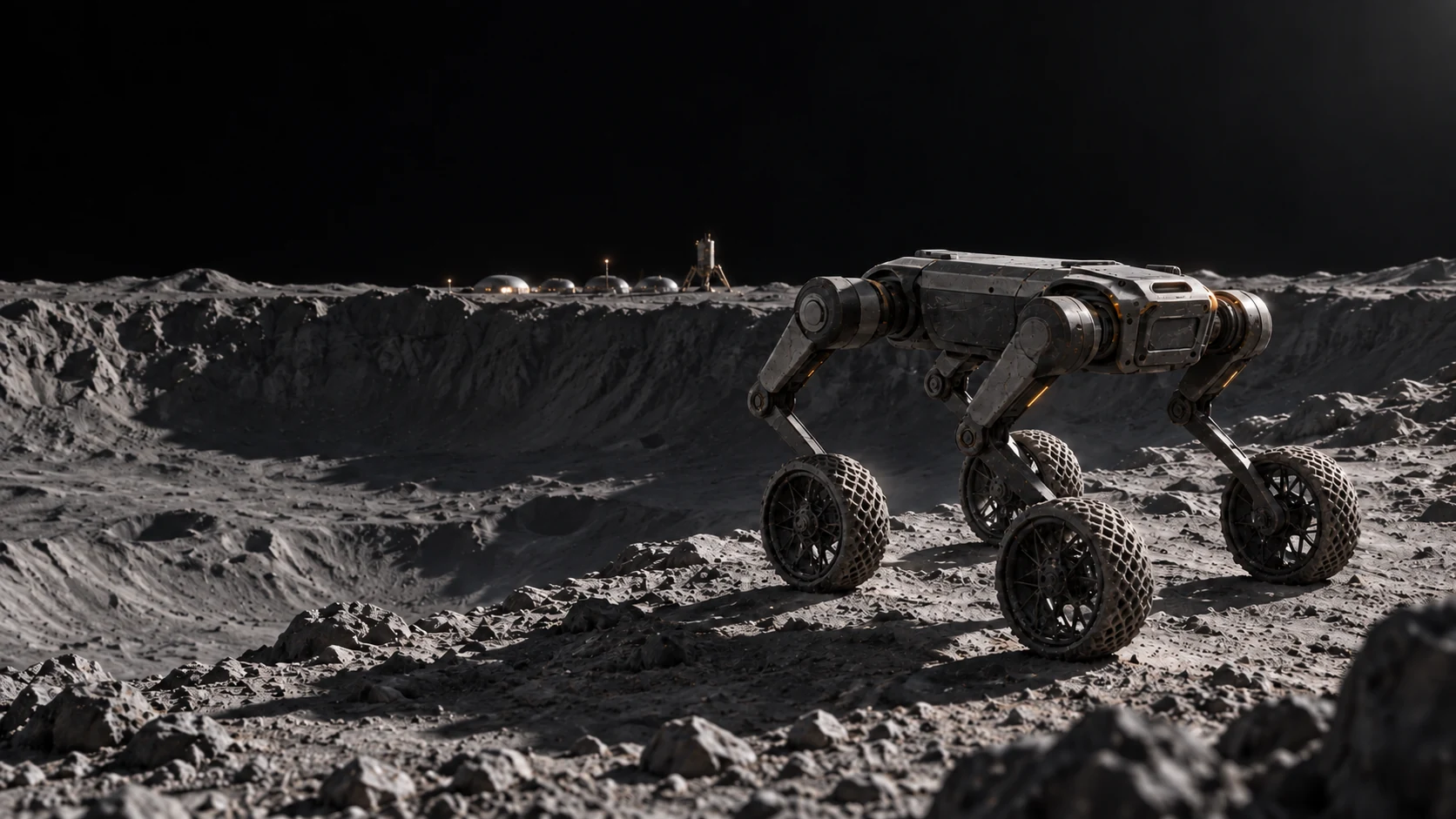 REXMI concept: a compact robot with four wheeled legs overlooking a lunar crater