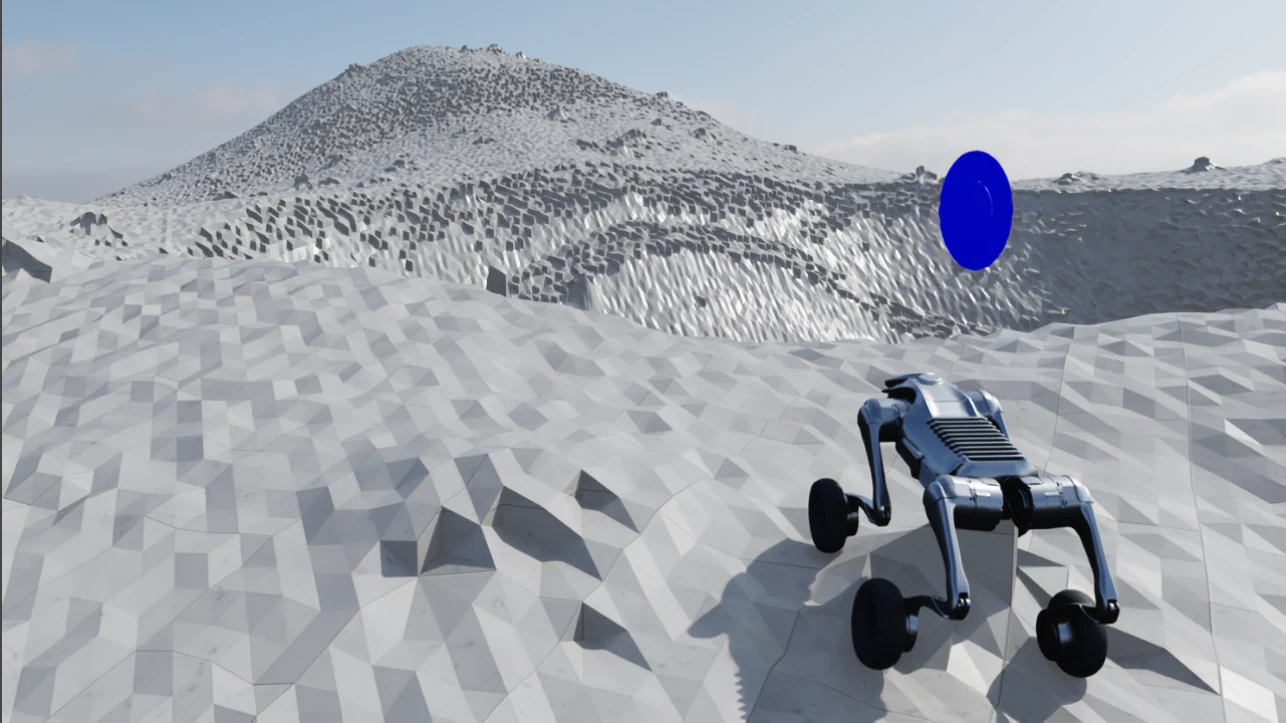 REXMI wheeled quadruped navigating rocky terrain in simulation